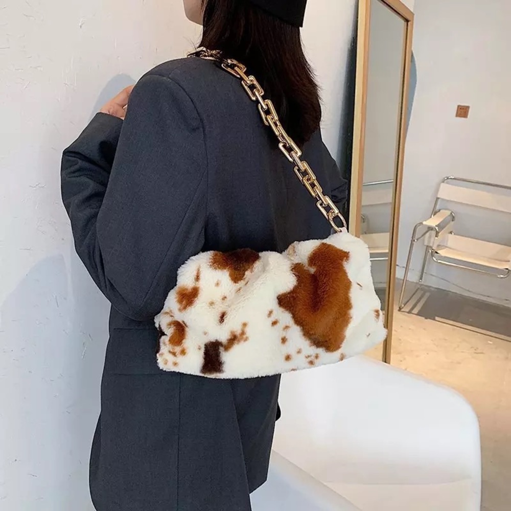 Fuzzy Cow Print Y2K Shoulder Bag
